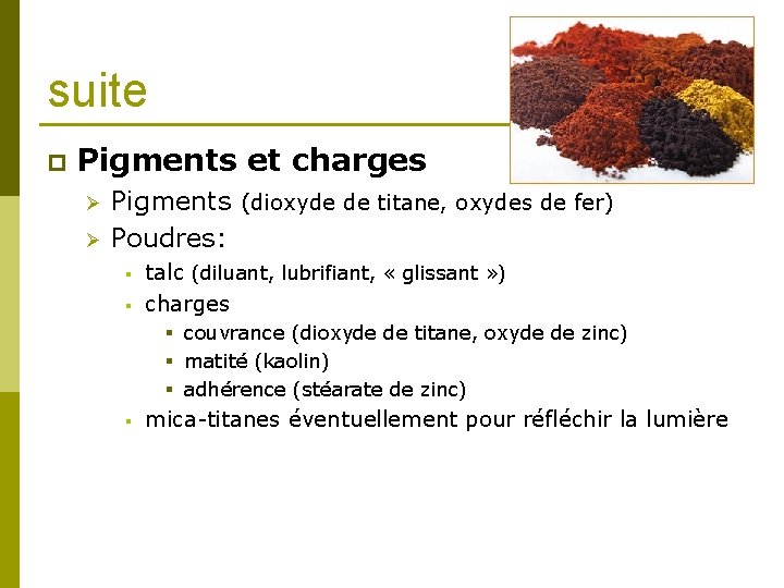 suite p Pigments et charges Ø Ø Pigments (dioxyde de titane, oxydes de fer)
