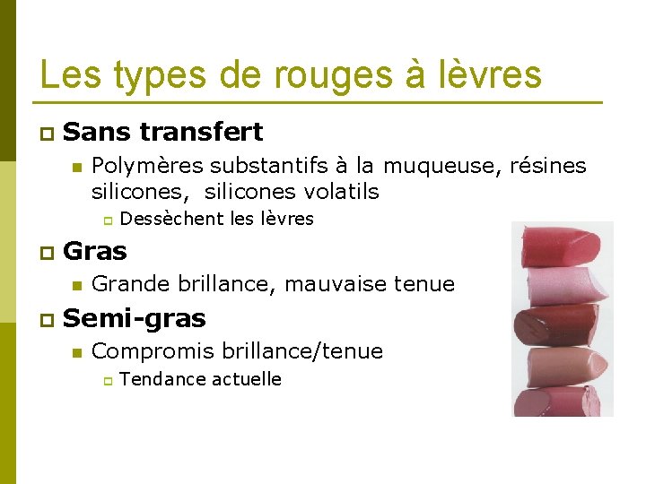 Les types de rouges à lèvres p Sans transfert n Polymères substantifs à la