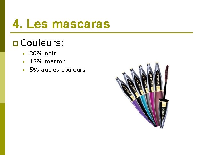 4. Les mascaras p Couleurs: • • • 80% noir 15% marron 5% autres