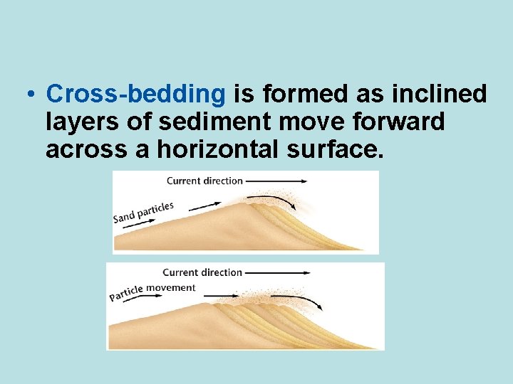  • Cross-bedding is formed as inclined layers of sediment move forward across a