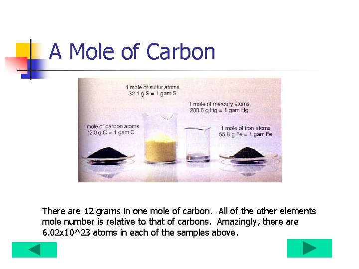 A Mole of Carbon There are 12 grams in one mole of carbon. All