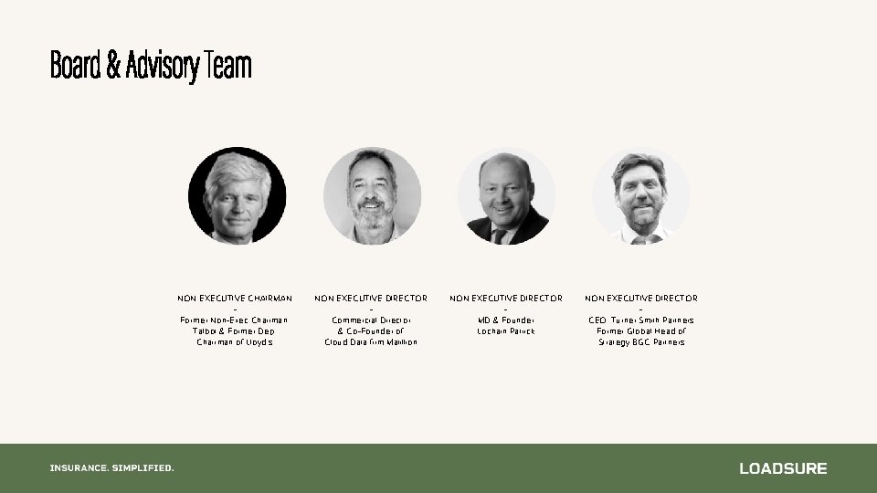 Board & Advisory Team NON EXECUTIVE CHAIRMAN Former Non-Exec Chairman, Talbot & Former Dep.