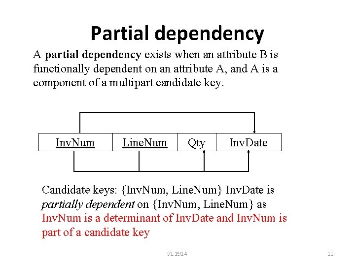 Partial dependency A partial dependency exists when an attribute B is functionally dependent on