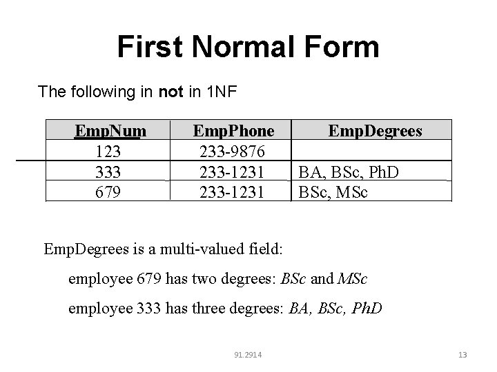 First Normal Form The following in not in 1 NF Emp. Num 123 333