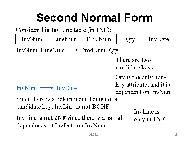 Second Normal Form Consider this Inv. Line table (in 1 NF): Inv. Num Line.