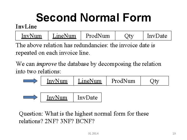 Second Normal Form Inv. Line Inv. Num Line. Num Prod. Num Qty Inv. Date