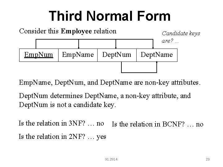 Third Normal Form Consider this Employee relation Emp. Num Emp. Name Dept. Num Candidate