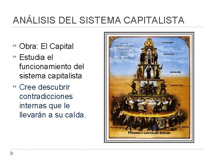 ANÁLISIS DEL SISTEMA CAPITALISTA Obra: El Capital Estudia el funcionamiento del sistema capitalista Cree