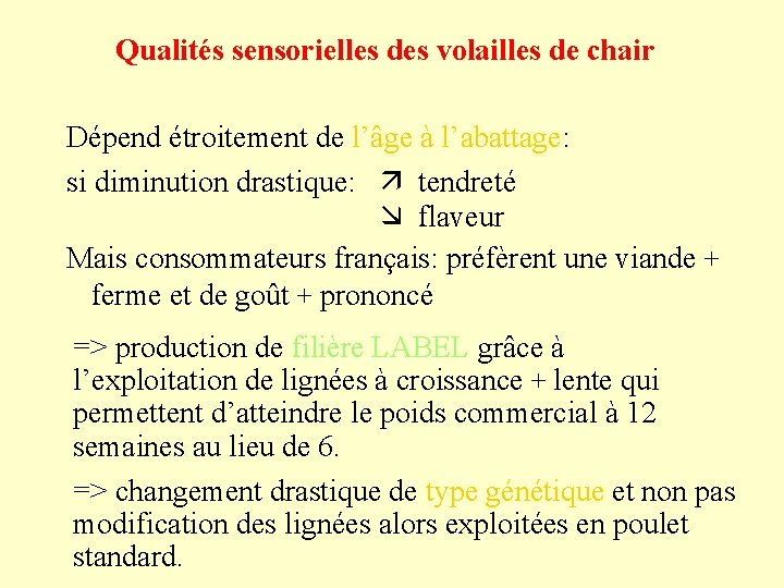 Qualités sensorielles des volailles de chair Dépend étroitement de l’âge à l’abattage: si diminution