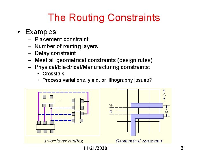 The Routing Constraints • Examples: – – – Placement constraint Number of routing layers