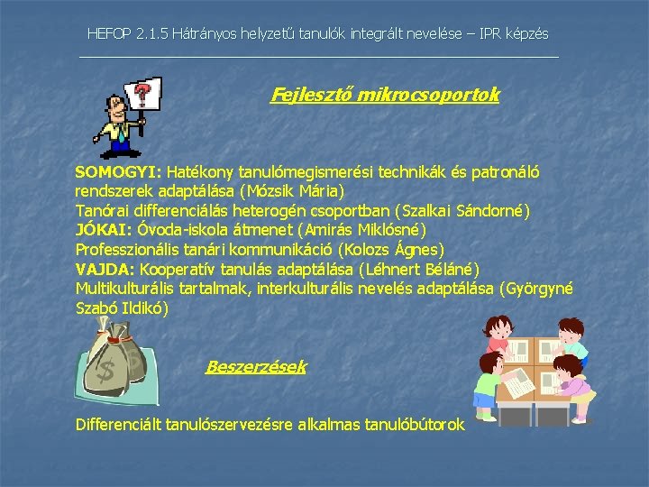 HEFOP 2. 1. 5 Hátrányos helyzetű tanulók integrált nevelése – IPR képzés _______________________________ Fejlesztő