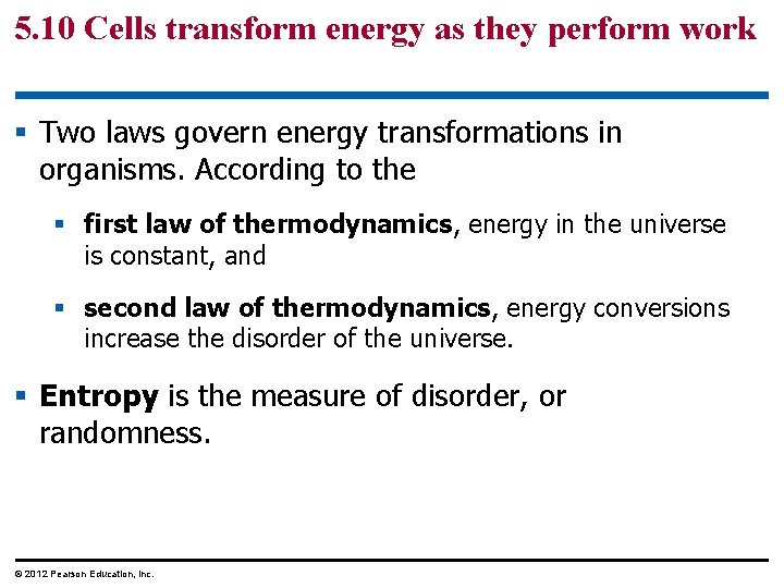 5. 10 Cells transform energy as they perform work § Two laws govern energy