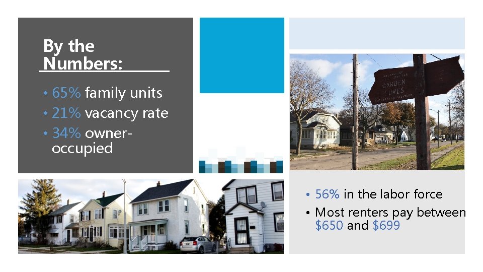 By the Numbers: • 65% family units • 21% vacancy rate • 34% owneroccupied