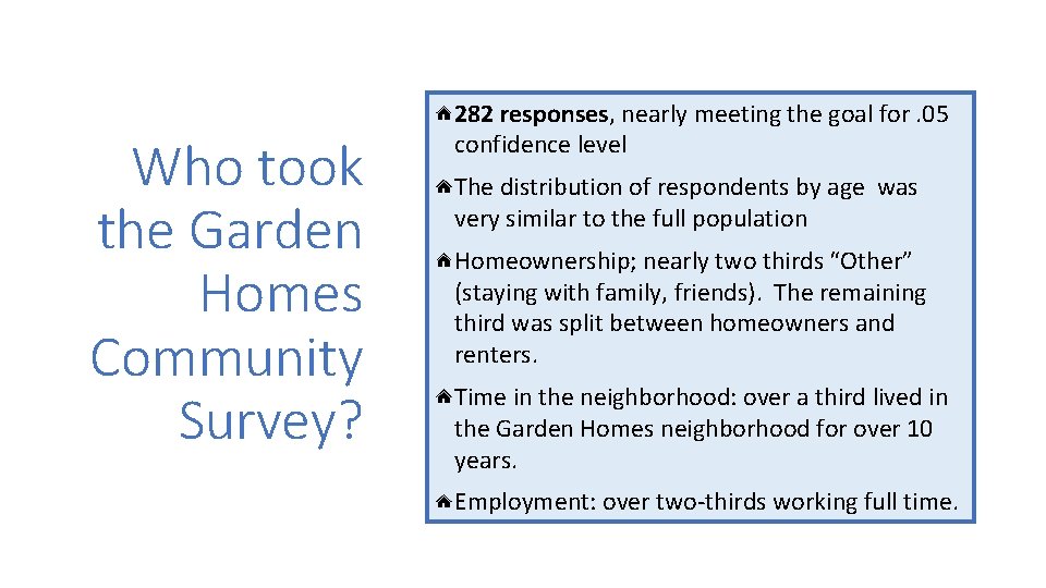 Who took the Garden Homes Community Survey? 282 responses, nearly meeting the goal for.