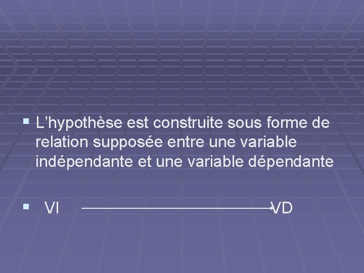 § L’hypothèse est construite sous forme de relation supposée entre une variable indépendante et