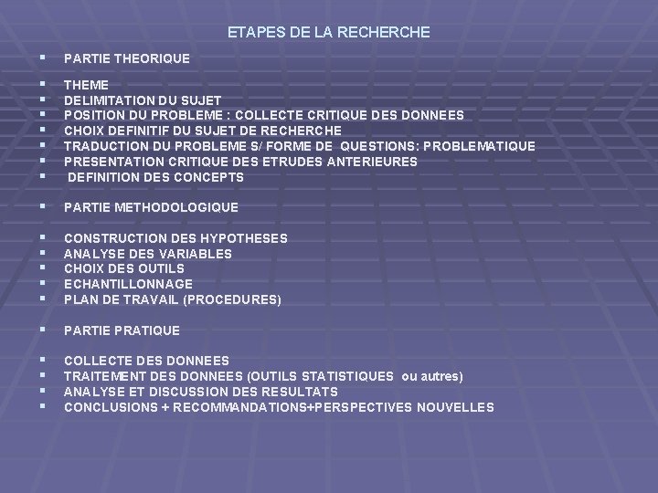 ETAPES DE LA RECHERCHE § PARTIE THEORIQUE § § § § THEME DELIMITATION DU