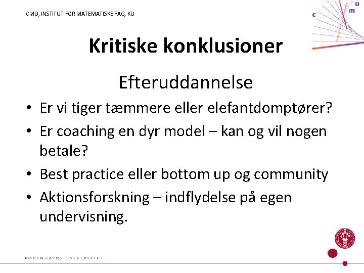 CMU, INSTITUT FOR MATEMATISKE FAG, KU Kritiske konklusioner Efteruddannelse • Er vi tiger tæmmere