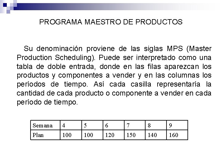 PROGRAMA MAESTRO DE PRODUCTOS Su denominación proviene de las siglas MPS (Master Production Scheduling).