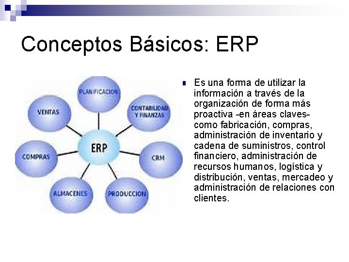 Conceptos Básicos: ERP n Es una forma de utilizar la información a través de