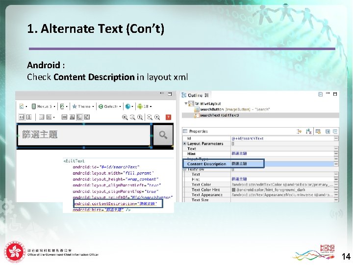 1. Alternate Text (Con’t) Android : Check Content Description in layout xml 14 14