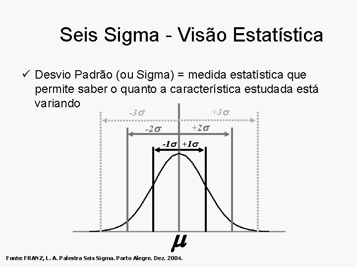 Seis Sigma - Visão Estatística ü Desvio Padrão (ou Sigma) = medida estatística que