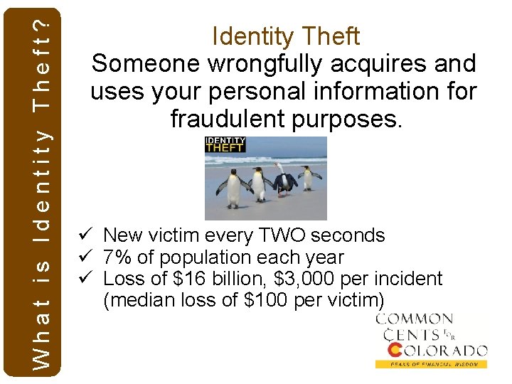 What is Identity Theft? Identity Theft Someone wrongfully acquires and uses your personal information