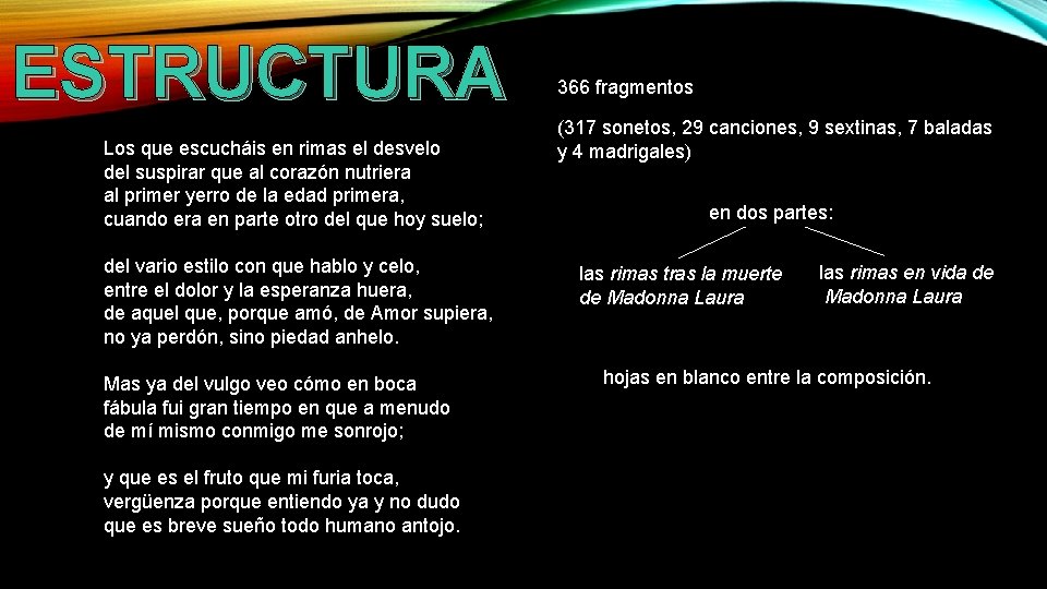 ESTRUCTURA Los que escucháis en rimas el desvelo del suspirar que al corazón nutriera ESTRUCTURA Los que escucháis en rimas el desvelo del suspirar que al corazón nutriera