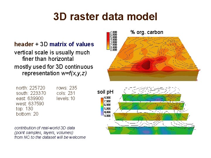 3 D raster data model % org. carbon header + 3 D matrix of