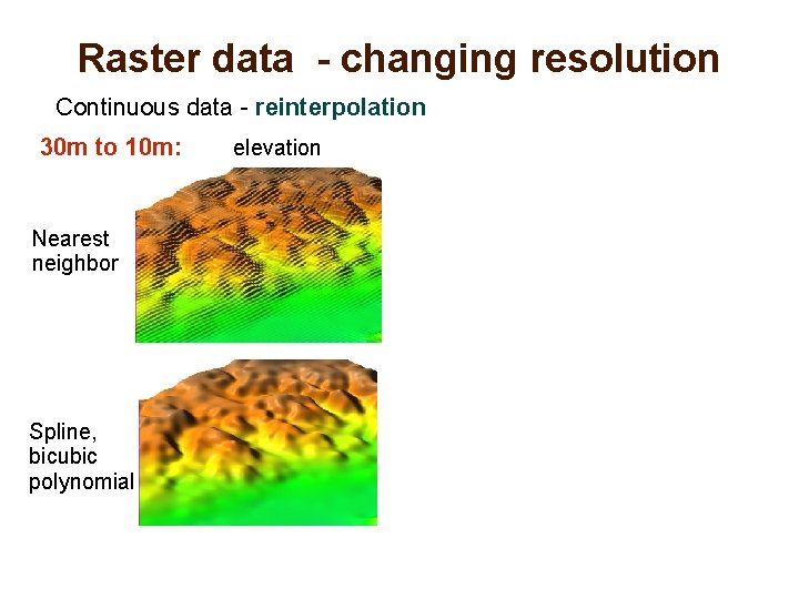 Raster data - changing resolution Continuous data - reinterpolation 30 m to 10 m:
