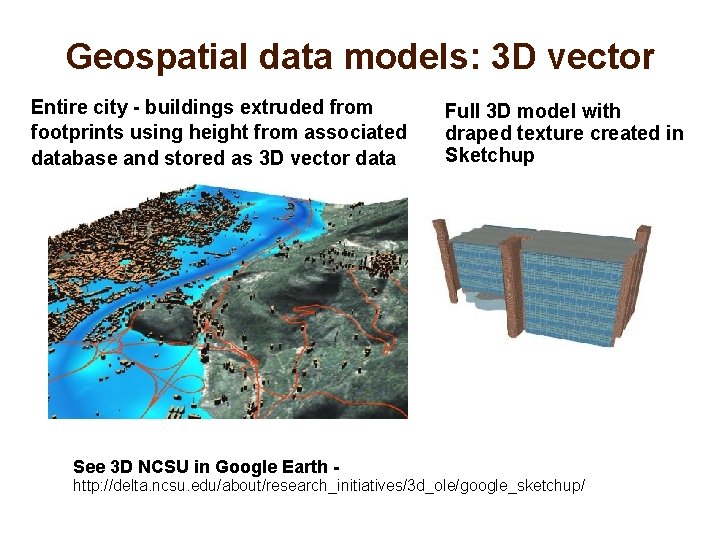 Geospatial data models: 3 D vector Entire city - buildings extruded from footprints using