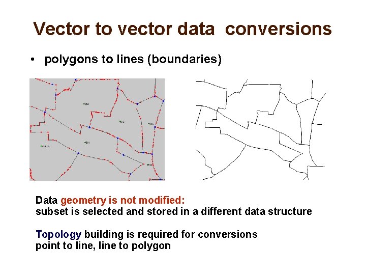 Vector to vector data conversions • polygons to lines (boundaries) Data geometry is not