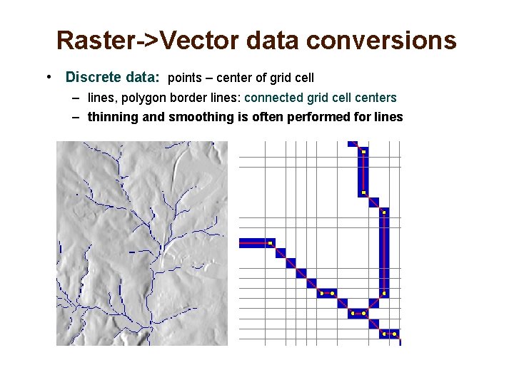 Raster->Vector data conversions • Discrete data: points – center of grid cell – lines,