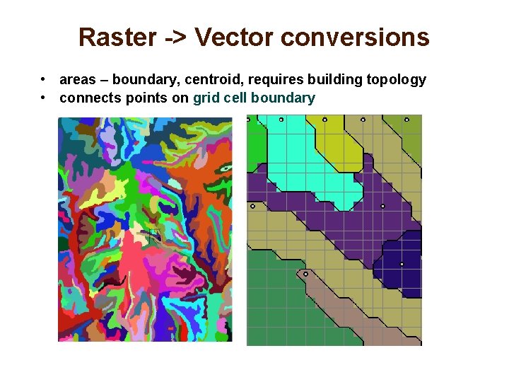 Raster -> Vector conversions • areas – boundary, centroid, requires building topology • connects