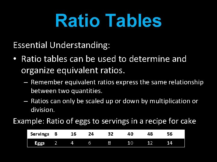 Ratio Tables Essential Understanding: • Ratio tables can be used to determine and organize