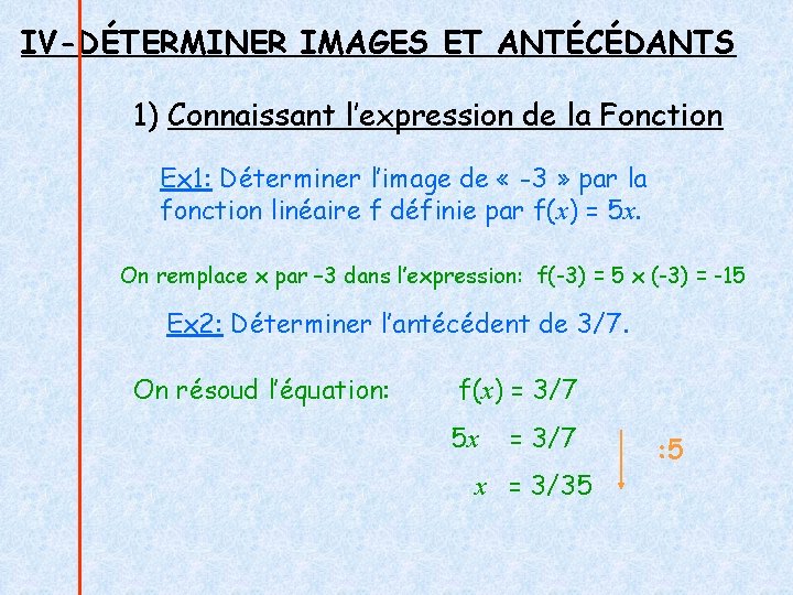 IV-DÉTERMINER IMAGES ET ANTÉCÉDANTS 1) Connaissant l’expression de la Fonction Ex 1: Déterminer l’image