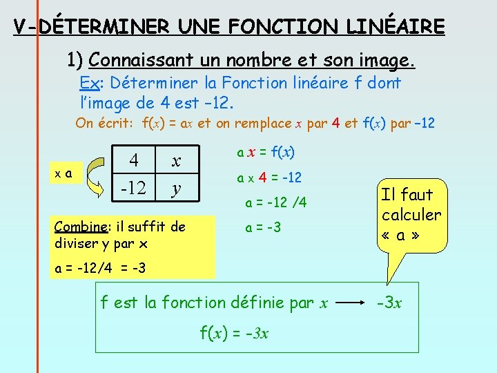 V-DÉTERMINER UNE FONCTION LINÉAIRE 1) Connaissant un nombre et son image. Ex: Déterminer la