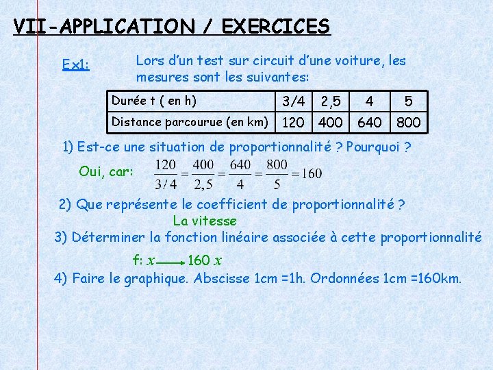VII-APPLICATION / EXERCICES Lors d’un test sur circuit d’une voiture, les mesures sont les