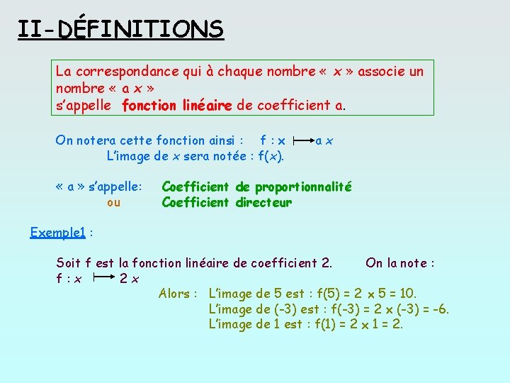 II-DÉFINITIONS La correspondance qui à chaque nombre « x » associe un nombre «