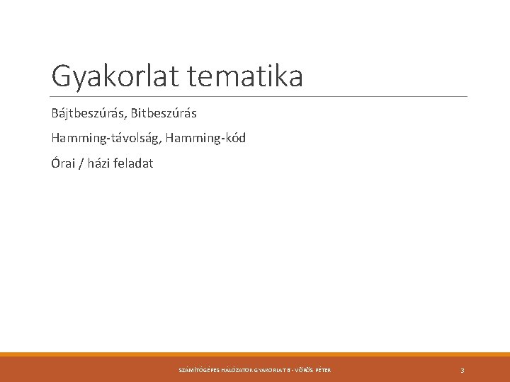 Gyakorlat tematika Bájtbeszúrás, Bitbeszúrás Hamming-távolság, Hamming-kód Órai / házi feladat SZÁMÍTÓGÉPES HÁLÓZATOK GYAKORLAT 6