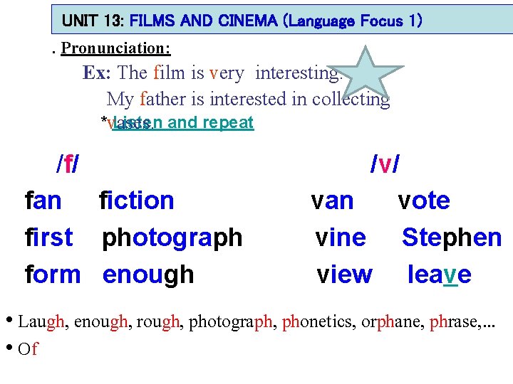 UNIT 13: FILMS AND CINEMA (Language Focus 1). Pronunciation: Ex: The film is very UNIT 13: FILMS AND CINEMA (Language Focus 1). Pronunciation: Ex: The film is very