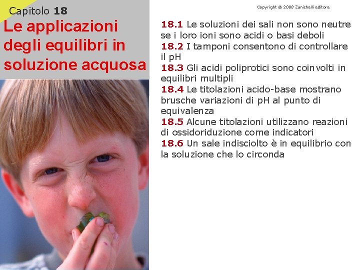 Capitolo 18 Le applicazioni degli equilibri in soluzione acquosa Copyright © 2008 Zanichelli editore