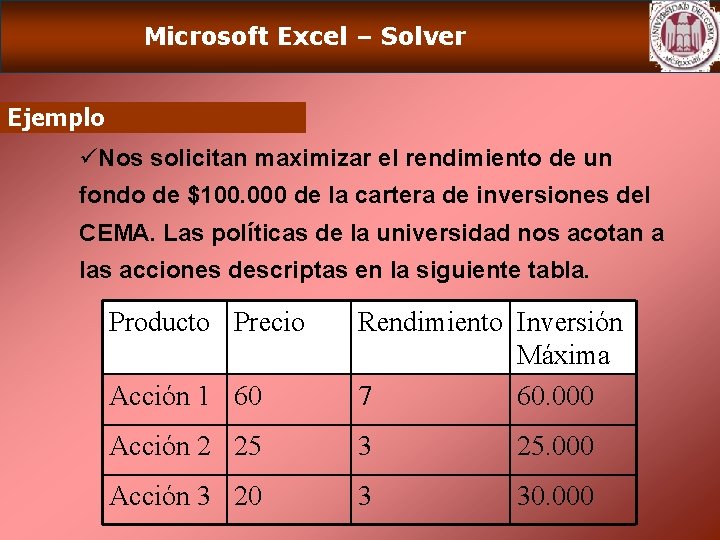 Microsoft Excel – Solver Ejemplo üNos solicitan maximizar el rendimiento de un fondo de