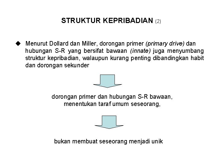 STRUKTUR KEPRIBADIAN (2) Menurut Dollard dan Miller, dorongan primer (primary drive) dan hubungan S-R