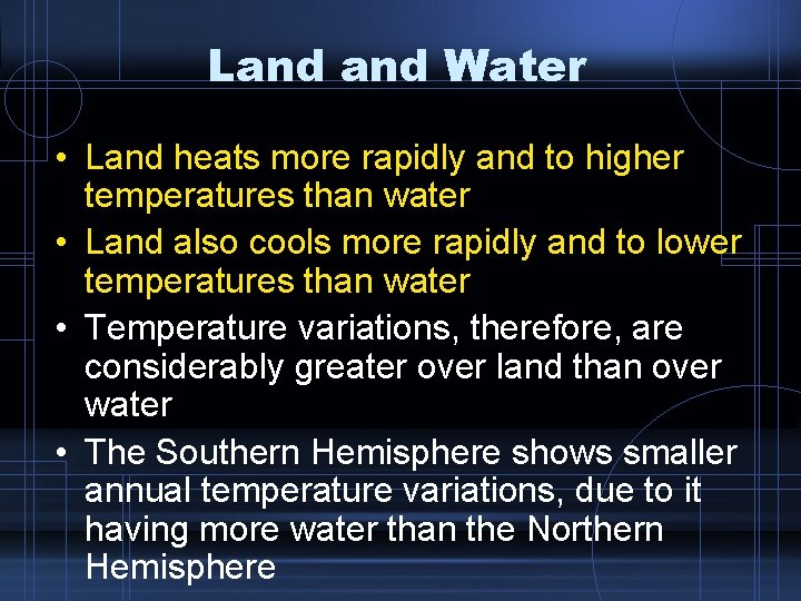 Land Water • Land heats more rapidly and to higher temperatures than water • Land Water • Land heats more rapidly and to higher temperatures than water •