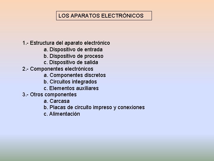 LOS APARATOS ELECTRÓNICOS 1. - Estructura del aparato electrónico a. Dispositivo de entrada b.