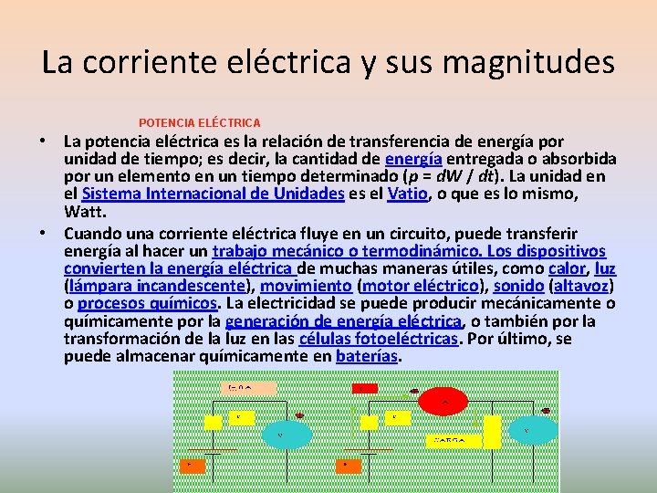 La corriente eléctrica y sus magnitudes POTENCIA ELÉCTRICA • La potencia eléctrica es la