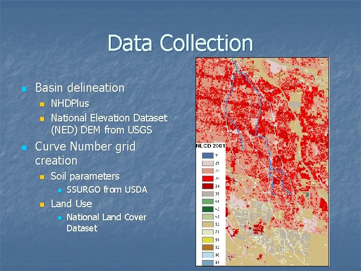 Data Collection n Basin delineation n NHDPlus National Elevation Dataset (NED) DEM from USGS