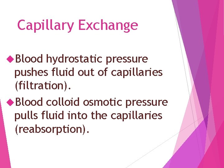 Capillary Exchange Blood hydrostatic pressure pushes fluid out of capillaries (filtration). Blood colloid osmotic