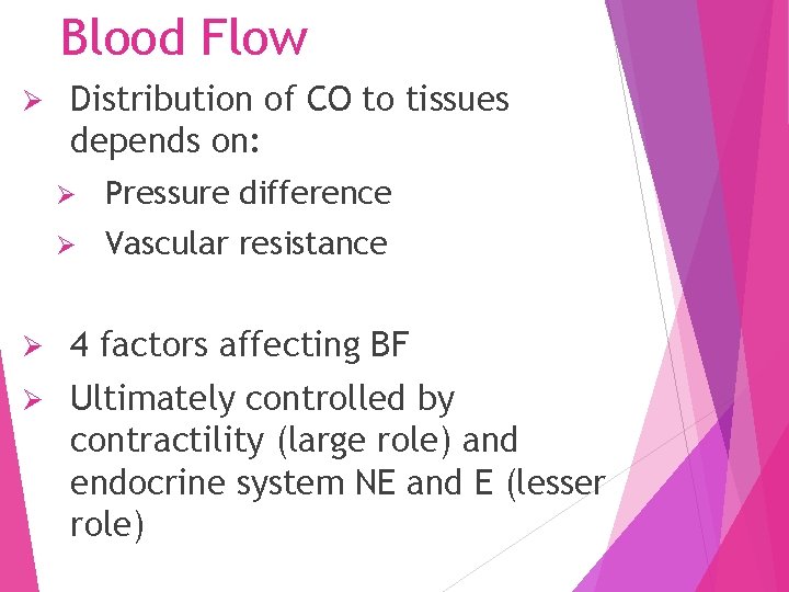 Blood Flow Ø Distribution of CO to tissues depends on: Ø Pressure difference Ø