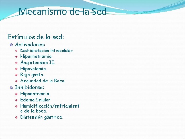 Mecanismo de la Sed Estímulos de la sed: Activadores: Deshidratación intracelular. Hipernatremia. Angiotensina II.